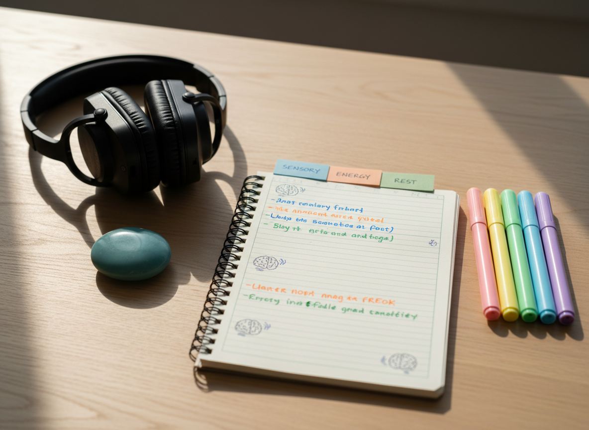 A neat, spiral-bound notebook lying open on a pale wooden desk, its pages filled with color-coded handwritten notes, doodled brain icons, and small sticky tabs labeled “sensory,” “energy,” and “rest.” A pair of noise-cancelling headphones rests nearby, next to a smooth worry stone and a tidy row of pastel highlighters. Soft morning light from an unseen window washes across the scene, creating gentle shadows and a calm, focused atmosphere. Photographic realism, shot from a slightly elevated angle with shallow depth of field so the center pages are crisply in focus while the background softly blurs, conveying a professional yet personal space for organizing a neurodivergent life.